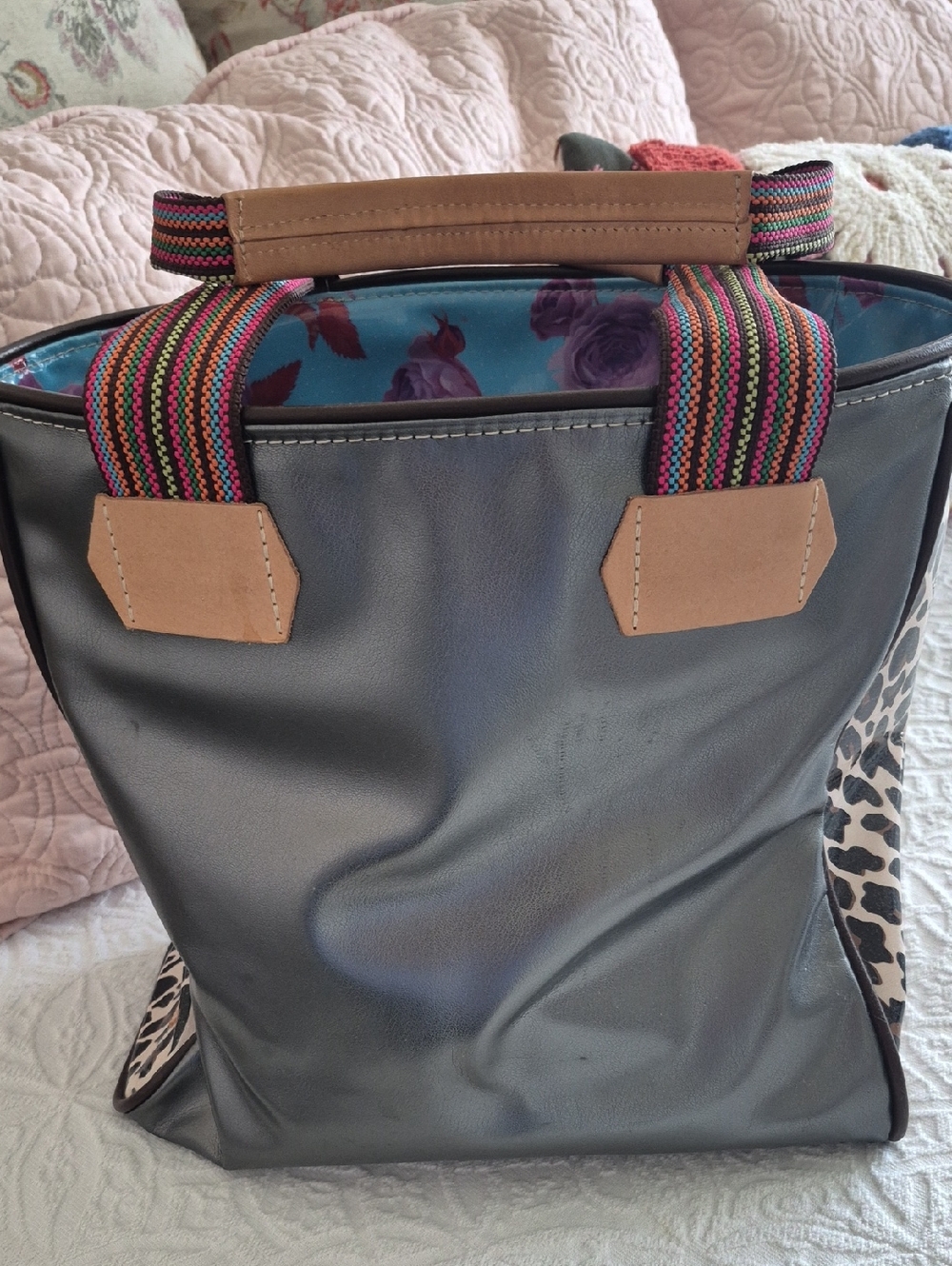 Women’s Bronze ConsuelaTote Bag with Colorful Straps.